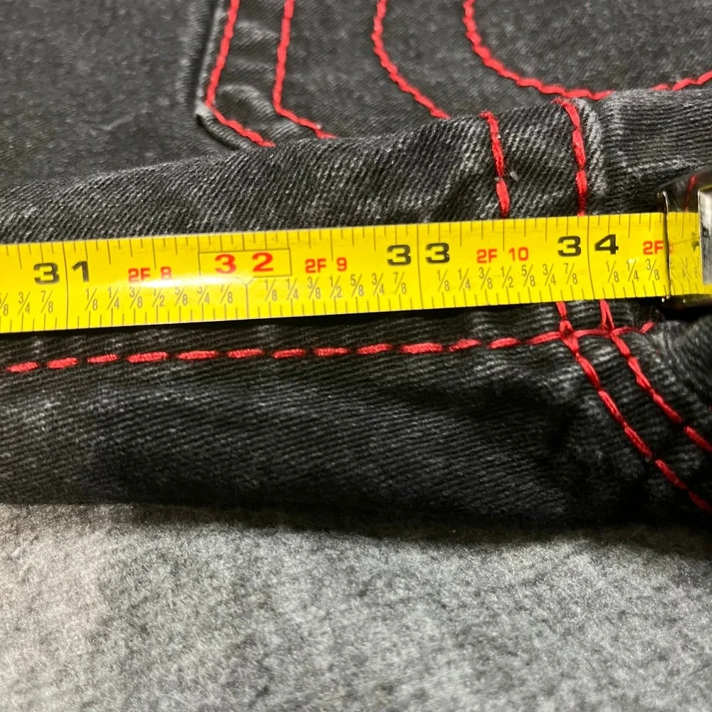 True Religion Ricky Relaxed Straight Black Jeans Red Contrast Stitch 32x34 Mens